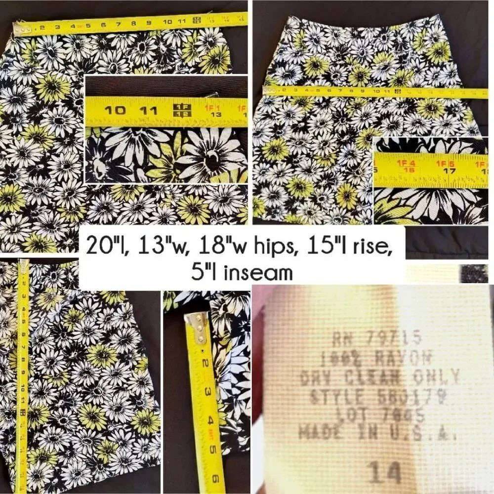 VTG 80s Floral Wrap Skort High Waist‎ Yellow Black White Rayon SZ 14 *Medium